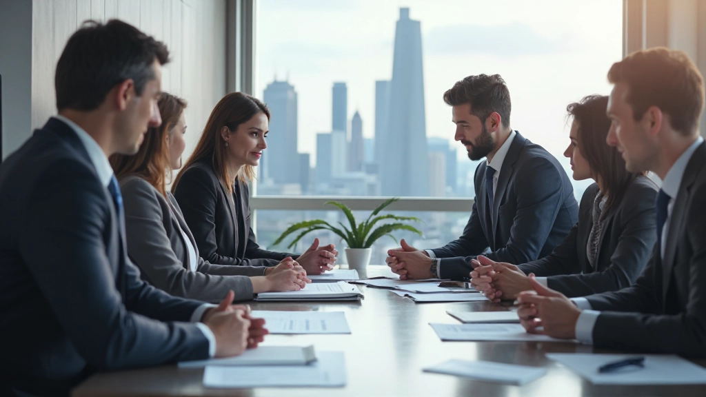 Профессиональные инвесторы обсуждают инвестиционную стратегию в современной конференц-комнате