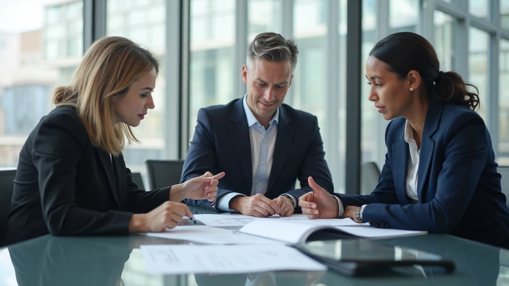 Professional investors discussing investment strategy in modern conference room