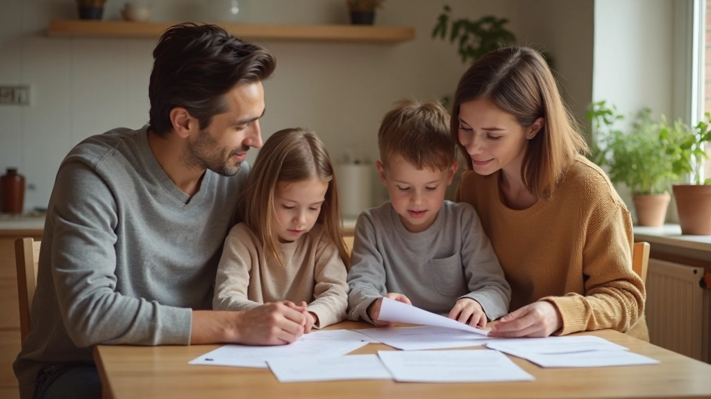 Family reviewing household expenses and financial documents together