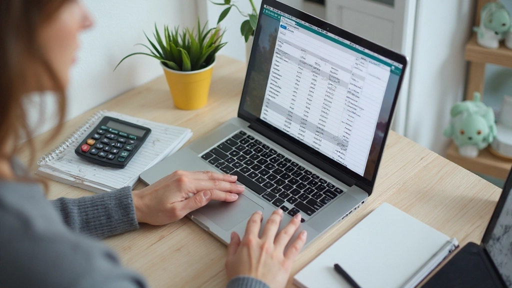 Ноутбук с таблицей бюджета и калькулятором на столе